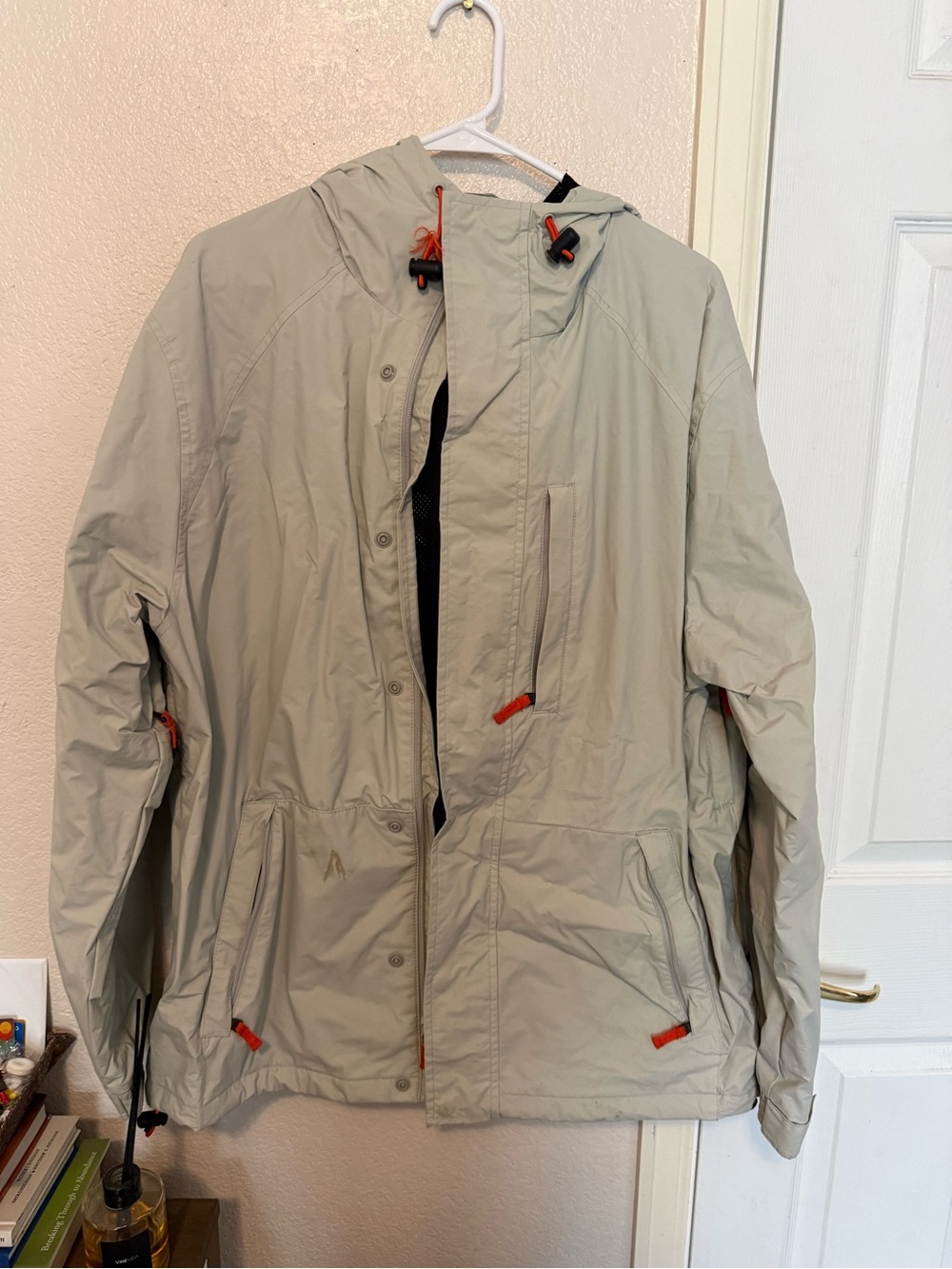 Vintage Old Navy Light Gray Hooded Raincoat with Orange Accents